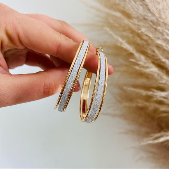 NEW NORDSTROM REVOLVE Gold Sparkle Glitter 50mm Hoop Double Earrings Jewelry - Picture 2 of 7